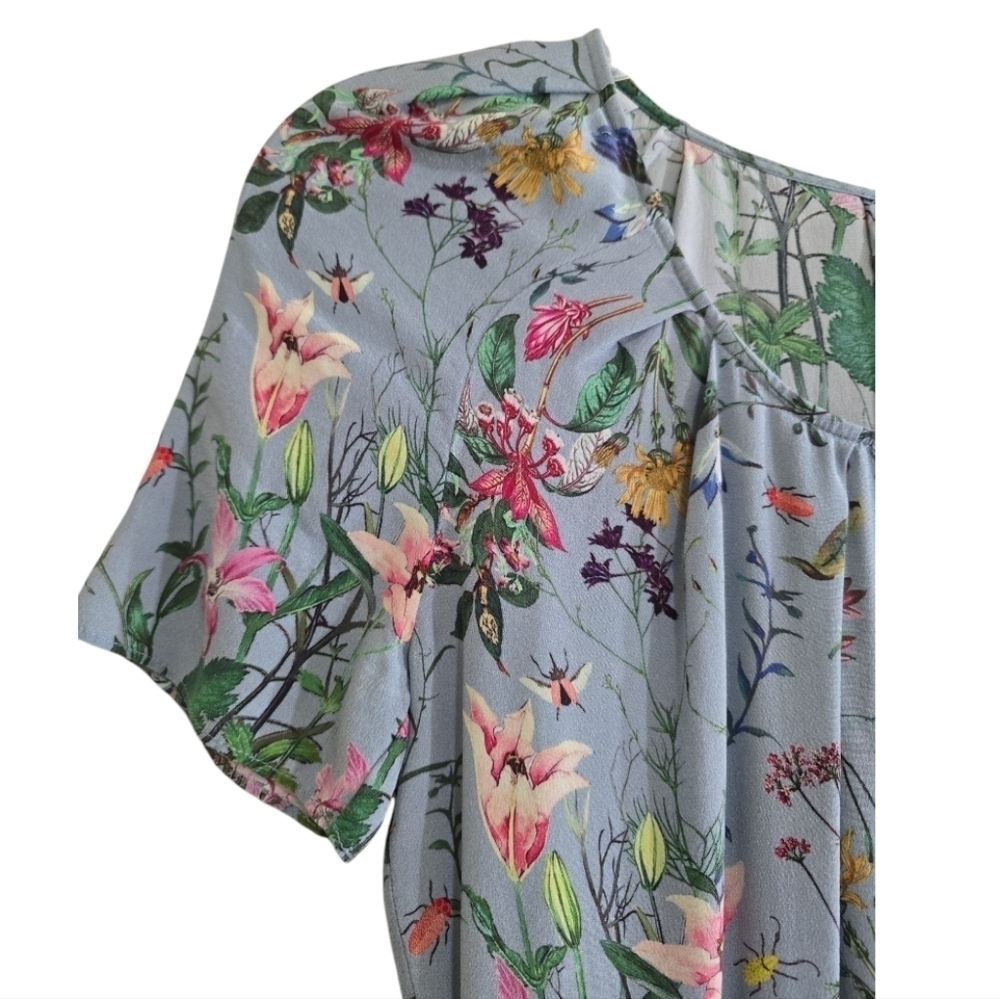 The Kooples Silk Folkloric Print Midi Dress XS Light Blue Floral Pleated Skirt - Picture 6 of 12